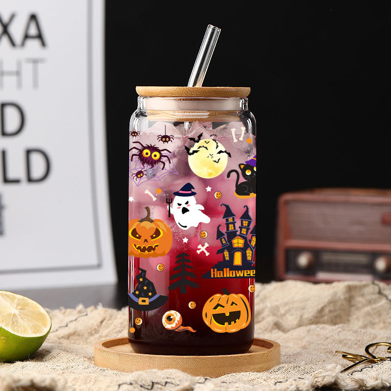Single-layer cola glass cup, Christmas Halloween logo printed pattern, high-temperature resistant tea cup, advertising cup, gift water cup details Picture
