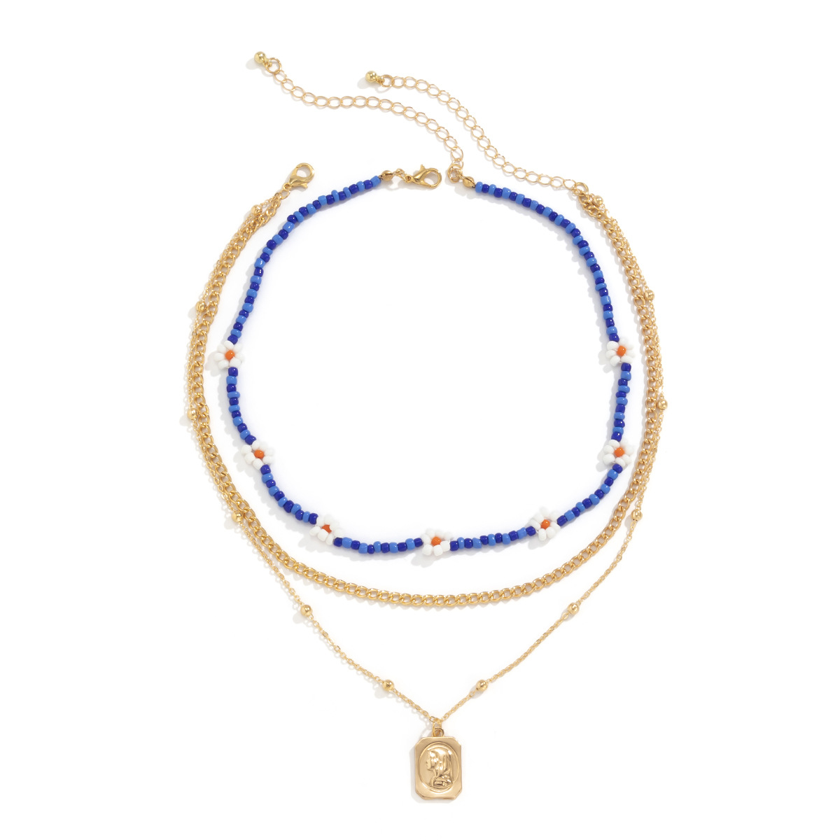 European and American cross-border personalized ethnic style small Daisy beaded colorful necklace, geometric floating engraved square plaque simple necklace for women Application Scenario