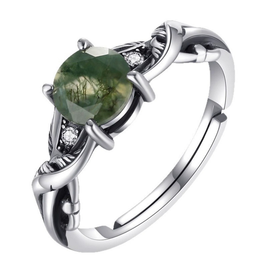 A niche design of water plant green agate ring for women, a light luxury and high-end index finger ring with an aged and retro personality, an open ring Item Picture