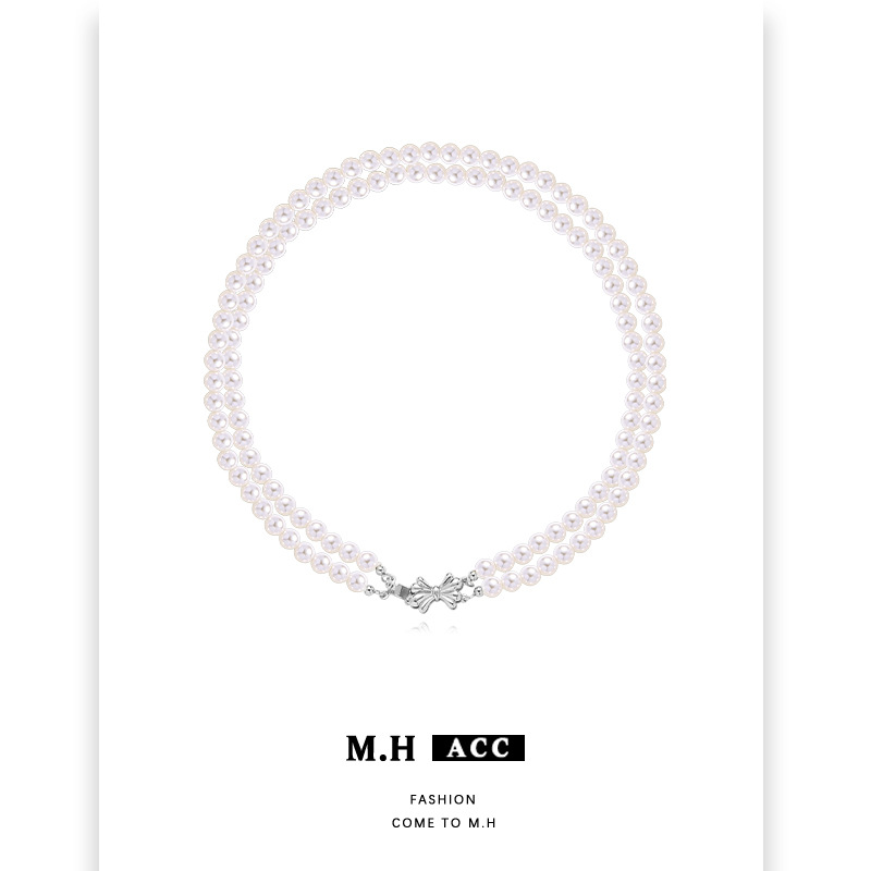French-style layered bow pearl necklace with a touch of high-end women, light luxury cross-border collarbone chain, elegant and versatile necklace wholesale full figure