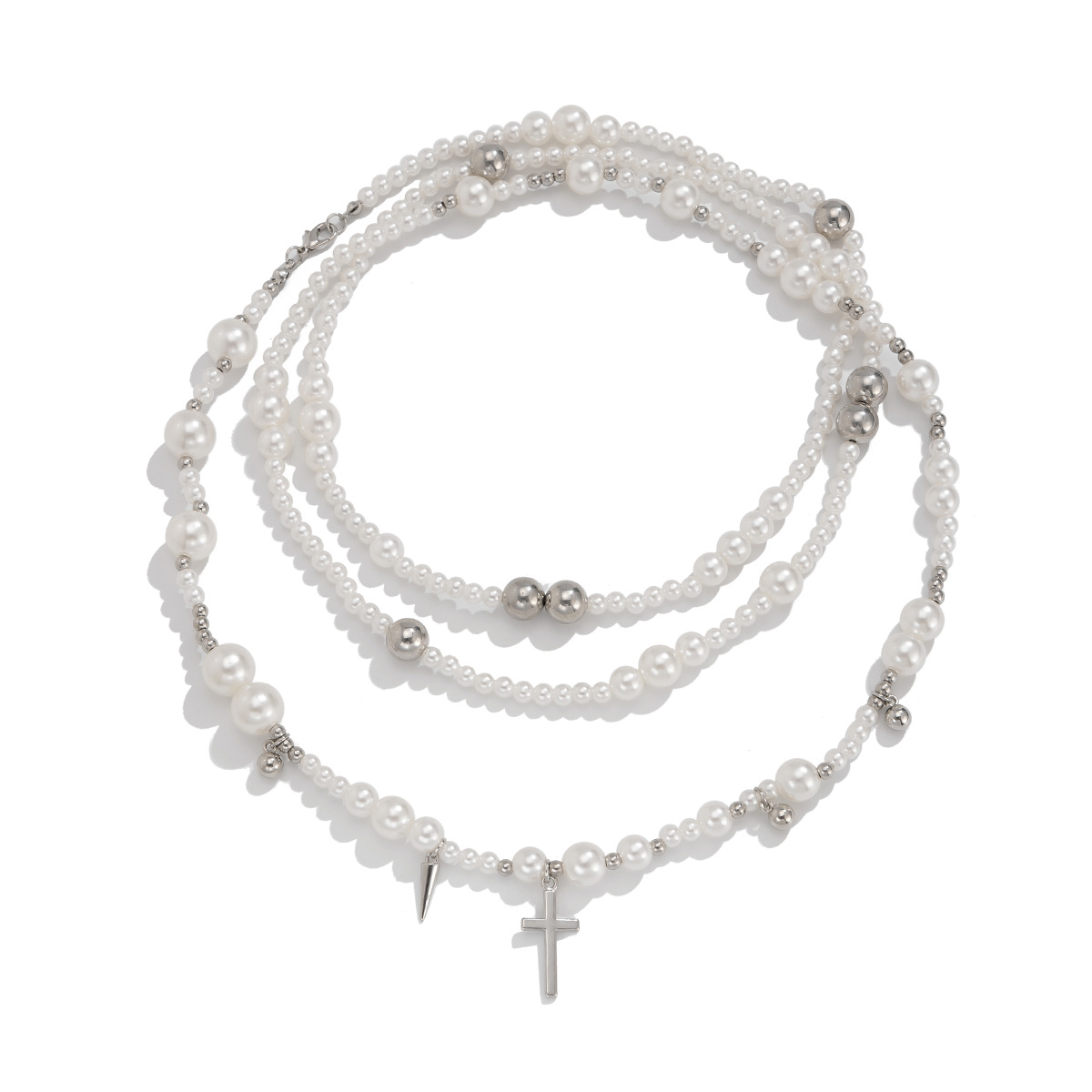 European and American cross-border jewelry punk style geometric pearl beaded necklace, personalized cross multi-layer alloy collarbone chain Item Picture