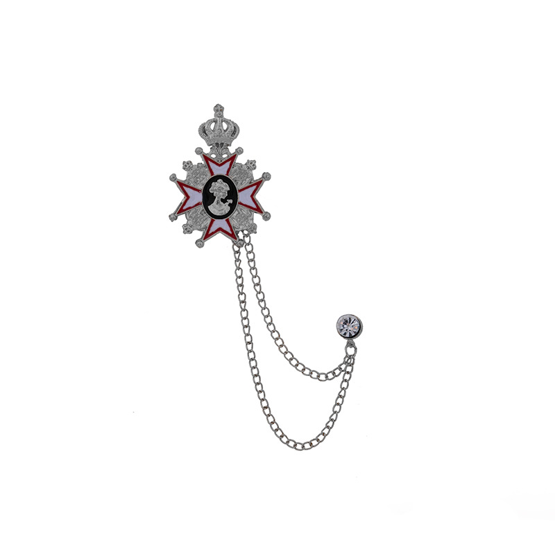 A Japanese and Korean fashion diamond-encrusted heart brooch with a design sense, double-tassel chain, crown, oval men's suit brooch Item Picture