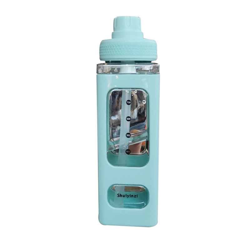 Wholesale square straw plastic sports water bottles, cross-border e-commerce, high appearance level square cup double-layer convenient handle water bottles Item Picture