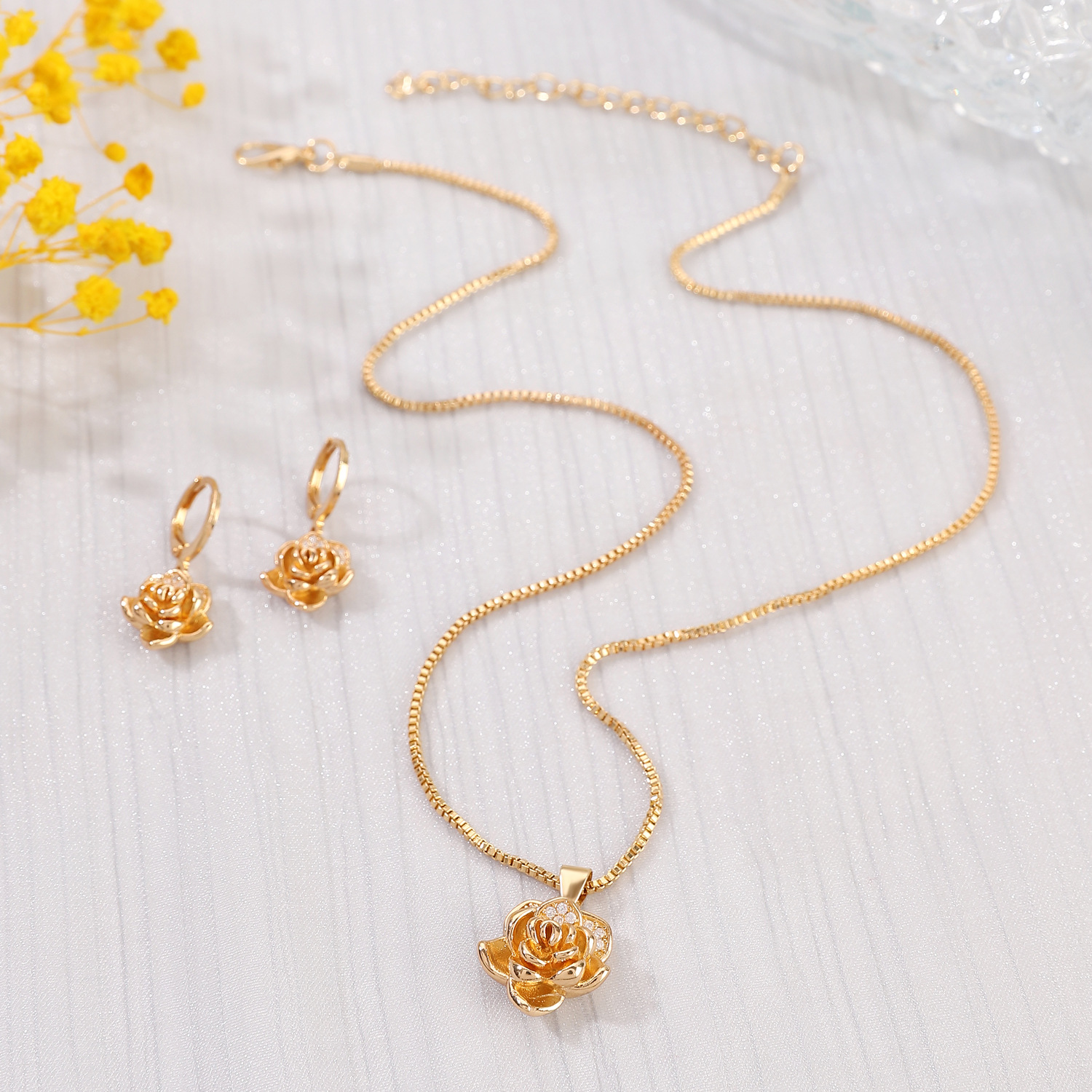 European and American ins rose earring necklace set for women, retro, fashionable, high-end and light luxury diamond-encrusted flower jewelry Application Scenario