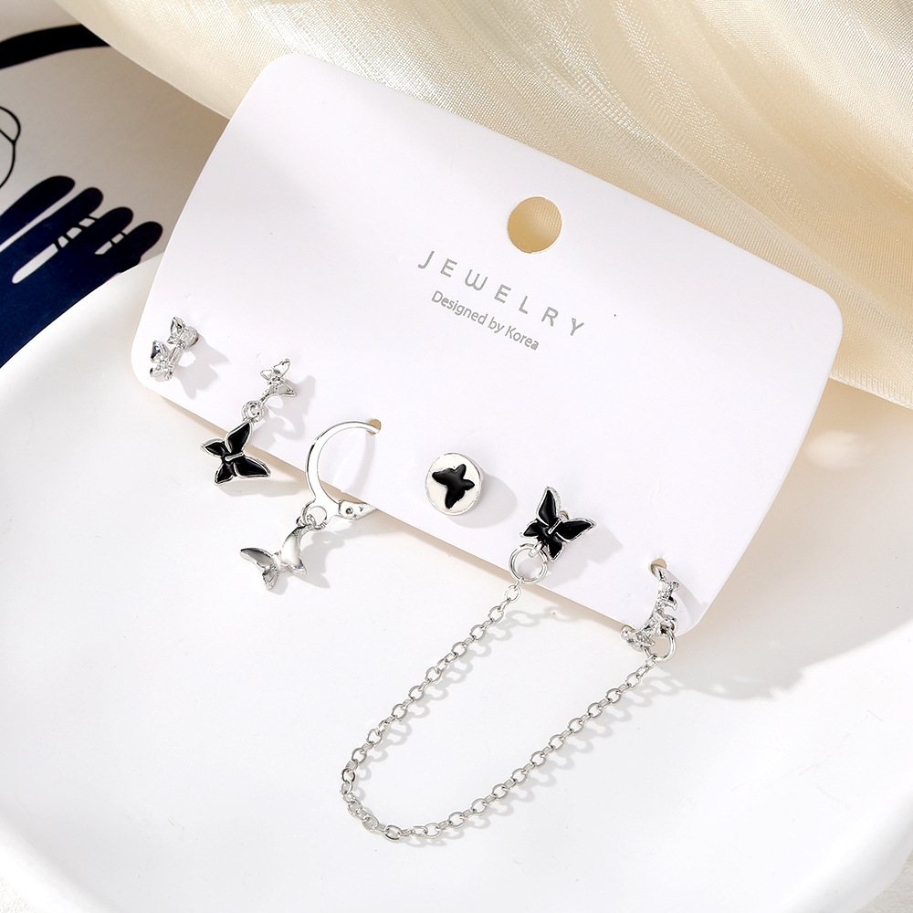 A new cross-border best-selling oil-dripping butterfly earring set of five pieces for women, featuring black metal and elegant earrings Specification drawing