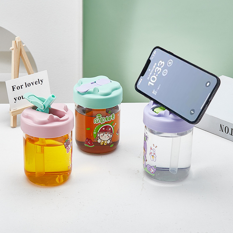 Creative sticker glass water cups, cute children's drink cups, mobile phone stands, home and office coffee cups, straw cups details Picture