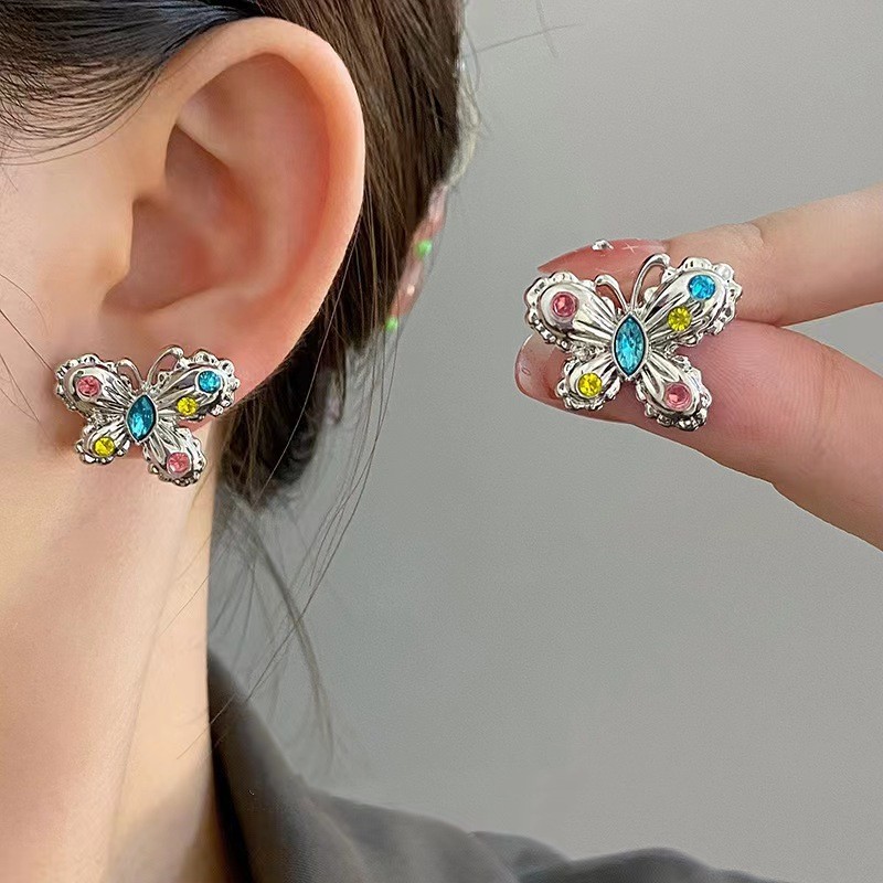 Light luxury colored diamond butterfly stud earrings for women, fashionable and versatile, with a niche and elegant design and a high-end feel. 2025 new style earrings details Picture