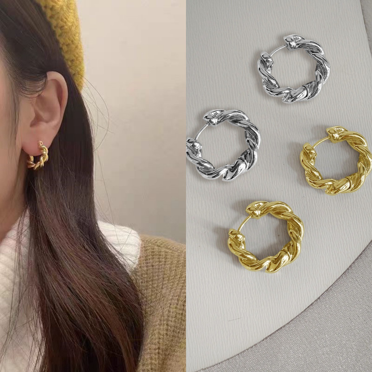 Korean-style golden hoop earrings for women, elegant and high-end style, 925 silver needle, niche twisted ear ring earrings full figure