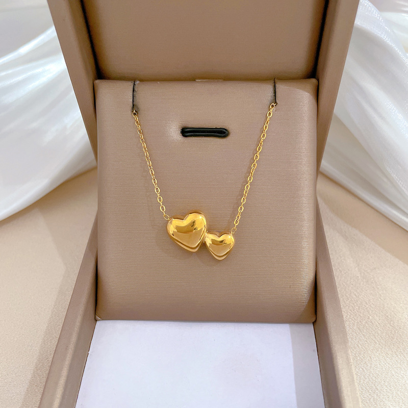 【 All-titanium Steel 】 Smooth double heart style, minimalist style, real gold necklace inside the furnace, women's ins collarbone chain full figure