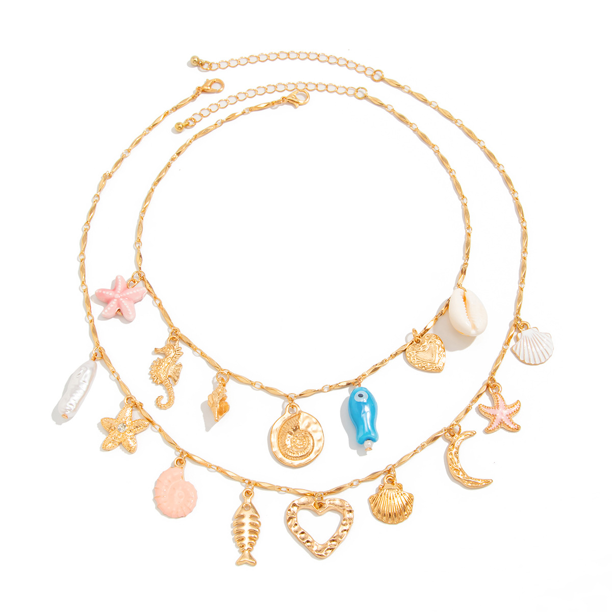 European and American cross-border jewelry, ocean-style ceramic fish, starfish and shell necklace, ins creative and colorful woven rope collarbone chain Item Picture