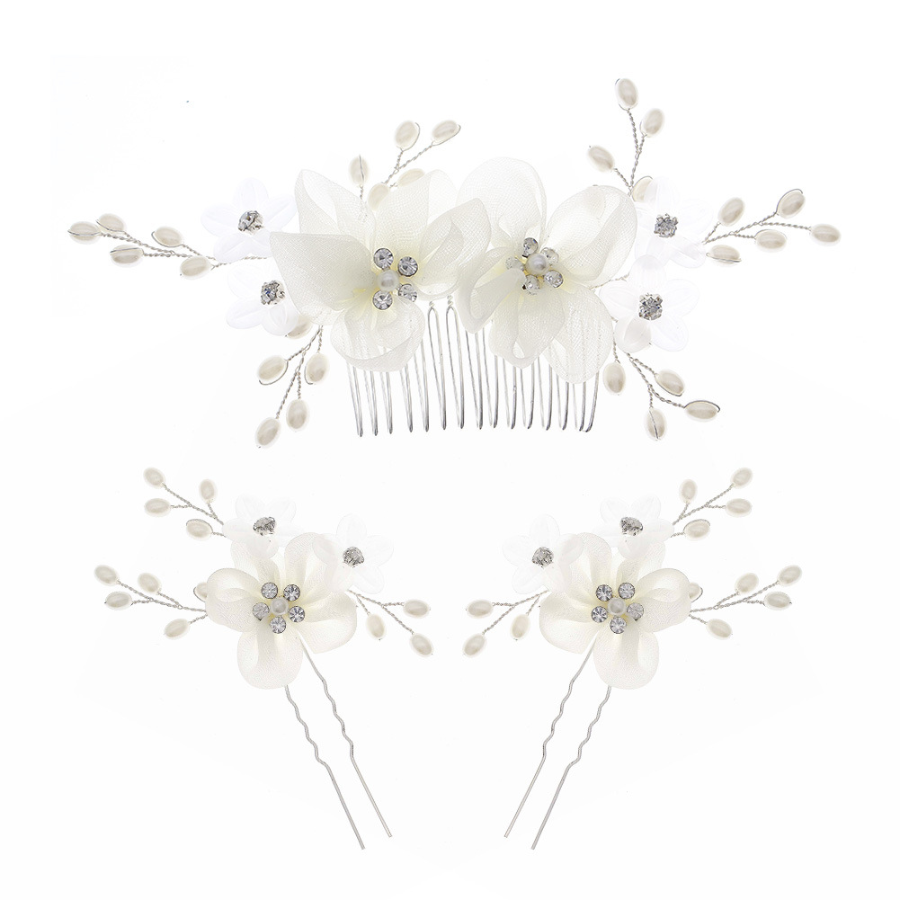 Korean bride's headwear set, faux fabric hand-combed U-shaped hair hairpin, white veil dress accessory Item Picture