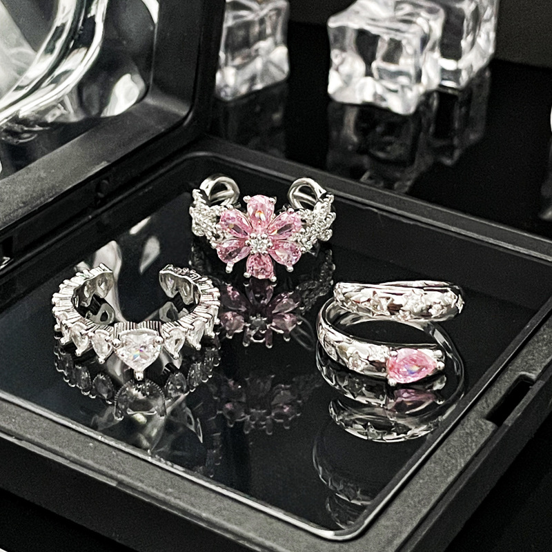 New light luxury pink diamond sweet and cool flower full diamond open ring for women's cross-border high-end, niche design and fashionable ring Specification drawing
