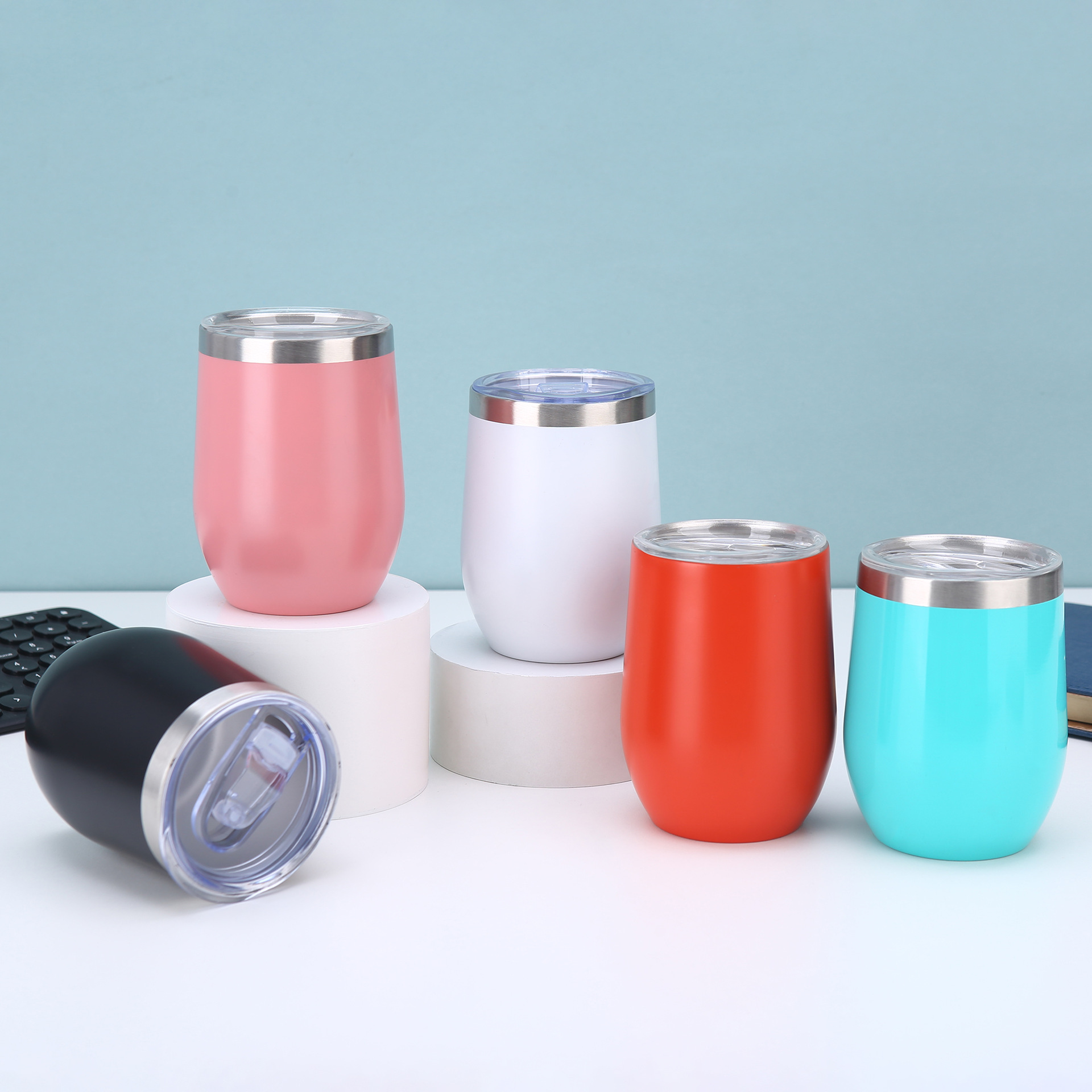 Customized 12oz eggshell cup with plastic spraying, mini vacuum 304 stainless steel wine glass, double-layer portable solid-color insulated cup Specification drawing