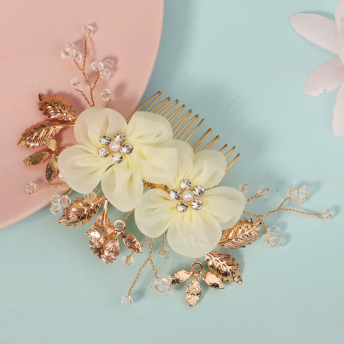 Cross-border bride accessories, beautiful updo, handcrafted comb, wedding dance party headwear, fabric flower crystal hair comb Specification drawing