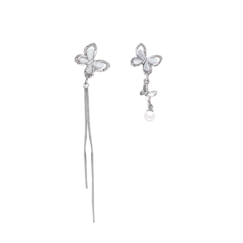 Asymmetrical butterfly long earrings, women's pearl versatile tassel pendant earrings, light luxury and high-end style, stud earrings Item Picture