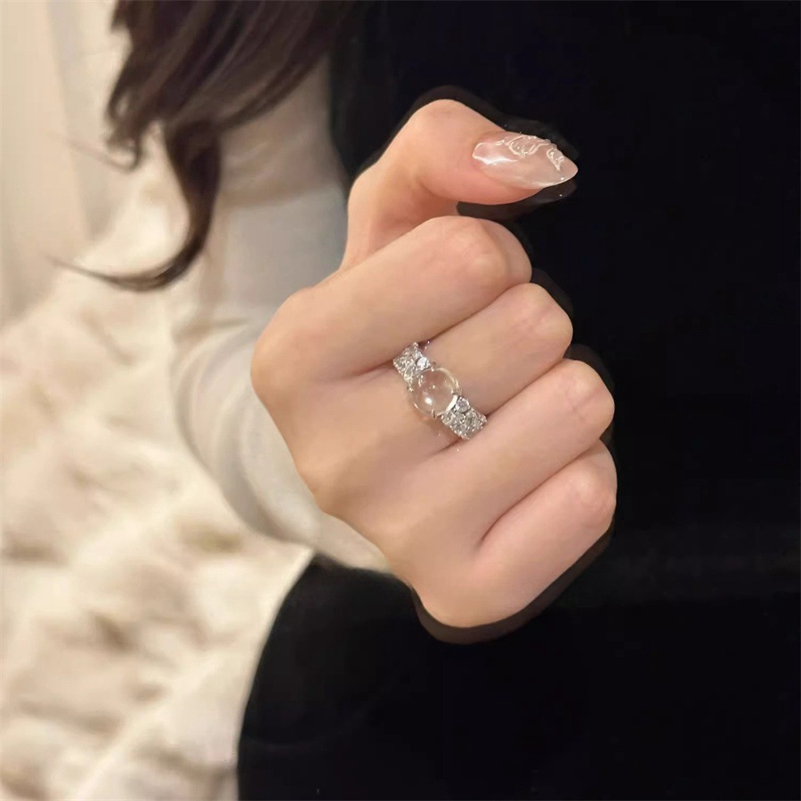 New clear and transparent water bubble jade ice moon ring for women, a versatile index finger ring with a light luxury and high-end feel, zircon open ring details Picture
