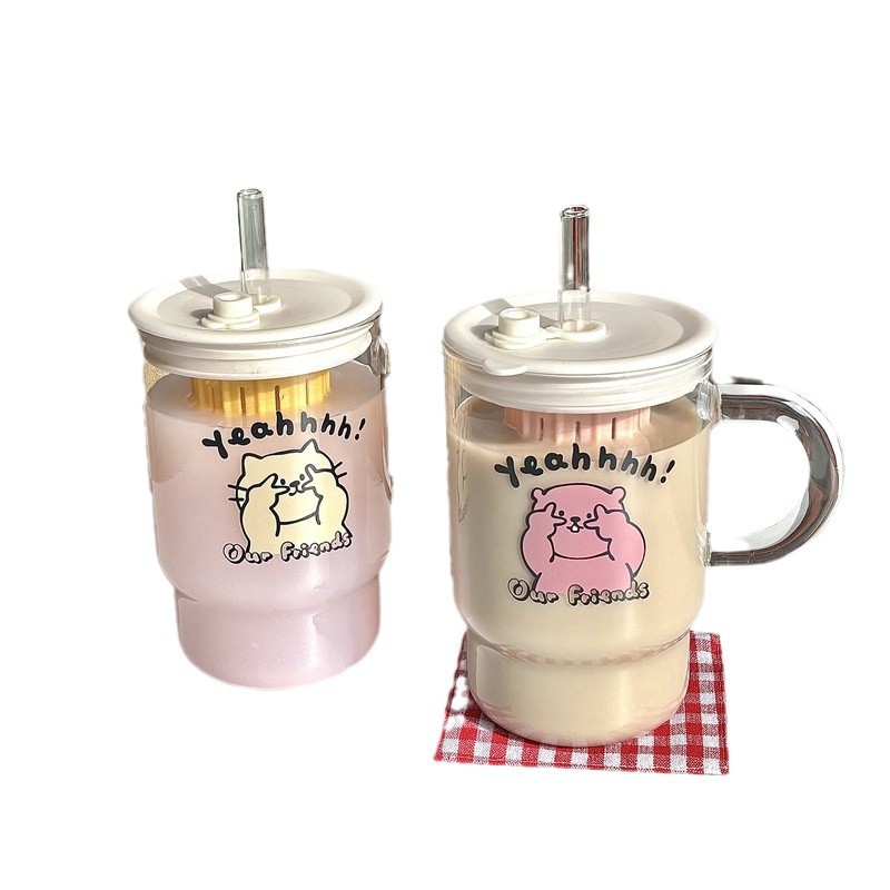 High-appearance-level, large-capacity InS-style glass straw cups with handles, student drinking cups, glass cups wholesale Item Picture