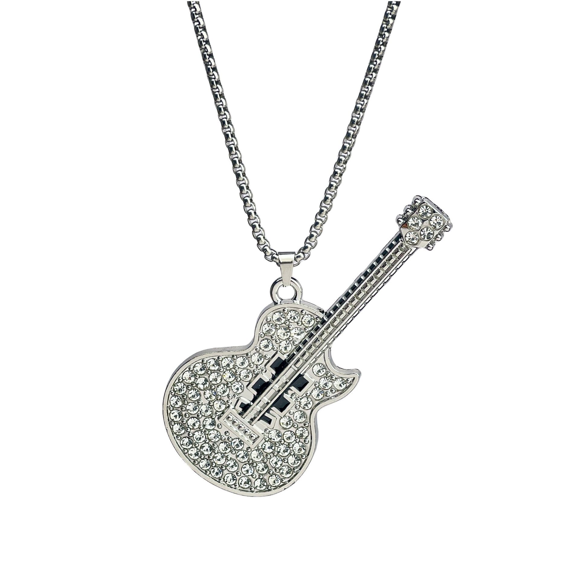 Wholesale of new European and American style personalized music guitar pendants, fashionable and niche full-diamond titanium steel necklaces for men and women Item Picture