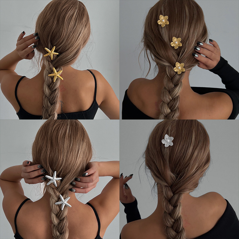 Wholesale of cross-border braided hair accessories from Europe and America, TEMU's new starfish accessories, high-color-retention electroplated summer style fashionable hairpins full figure