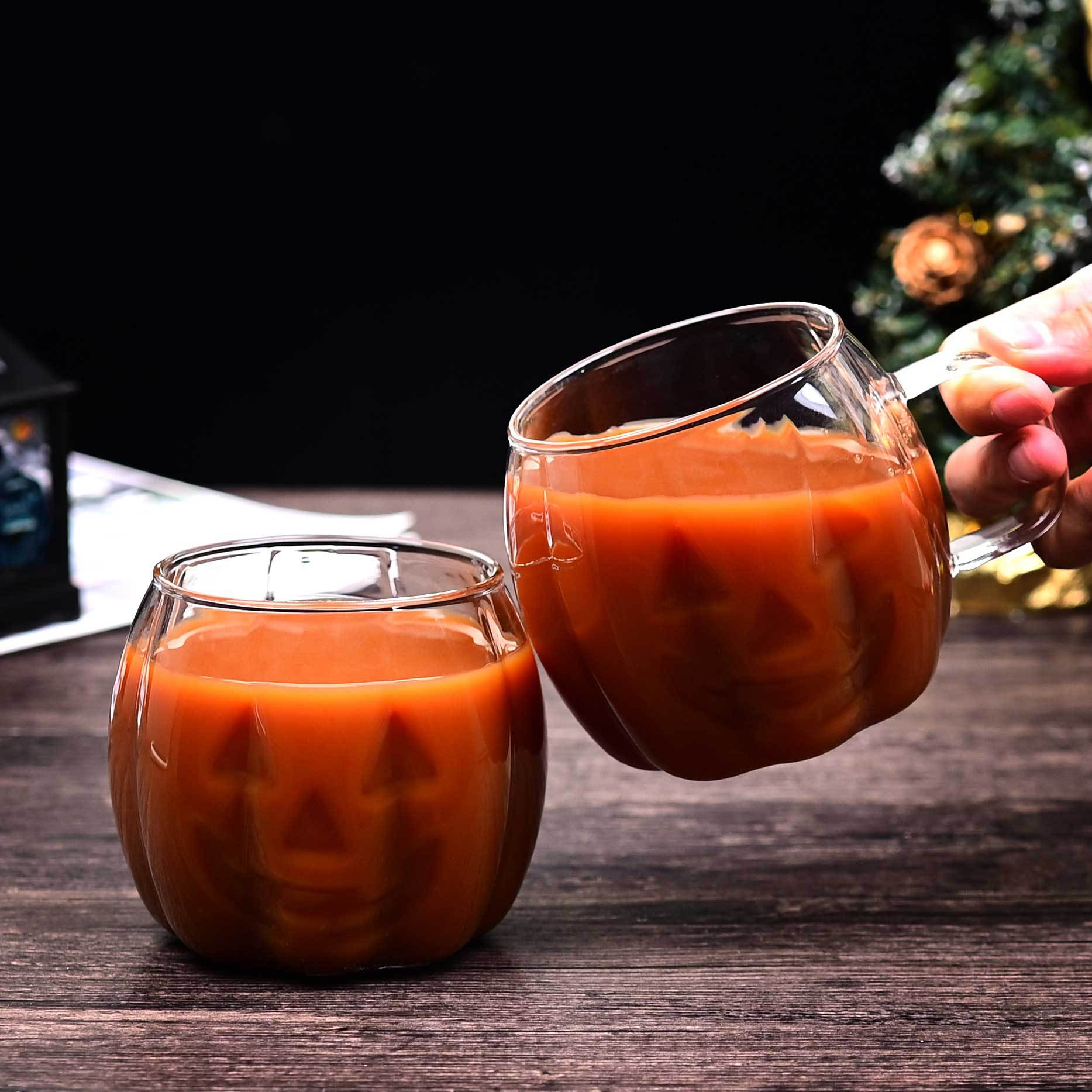 Halloween pumpkin cup, high borosilicate single-layer glass cup with handle, colorful striped garden Fun hand juice coffee cup details Picture
