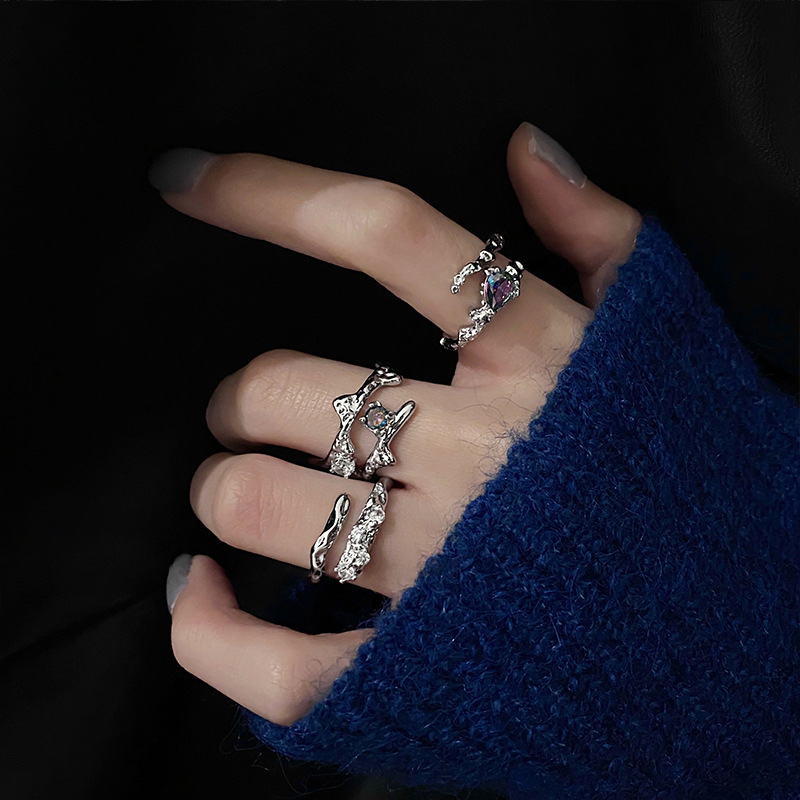 Irregular three-piece ring set for women on Instagram, a cold and trendy, niche design with a high-end gradient gemstone index finger ring Item Picture