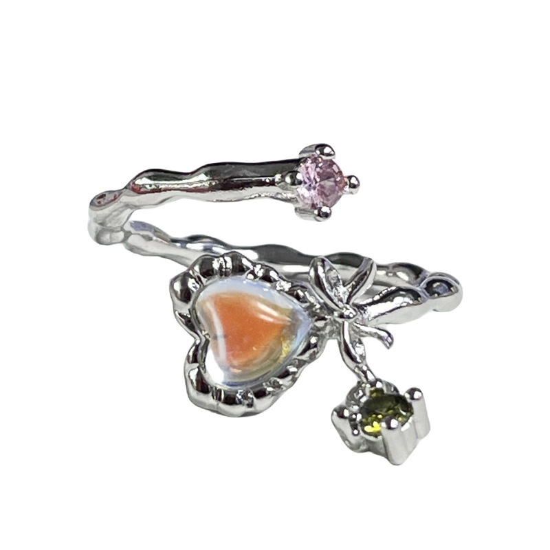Sweetheart, colorful heart, bow, moonstone open ring, a sweet, cool, fashionable and cold style niche ring for female students Item Picture