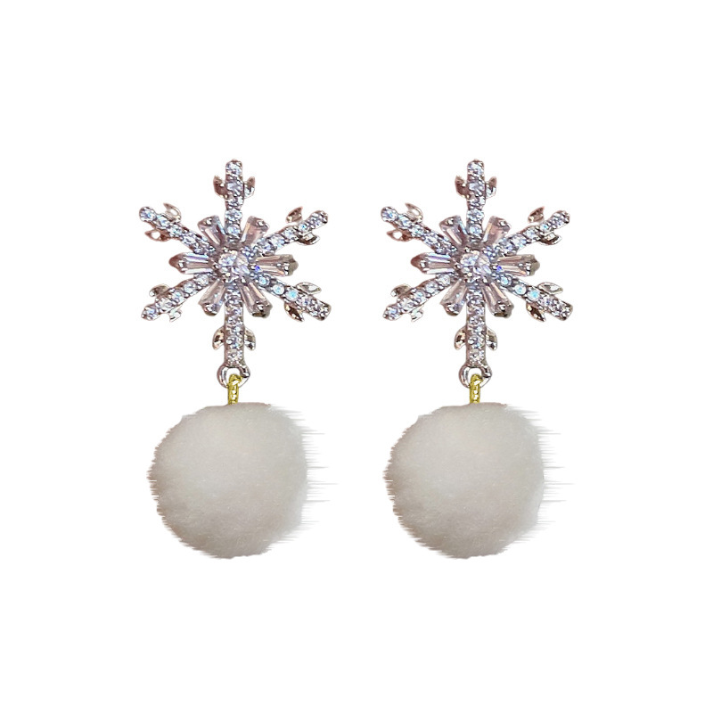 New autumn and winter snowflake pom-pom stud earrings from Japan and South Korea, featuring a niche design for women on Instagram, exude a sophisticated and sweet charm Item Picture