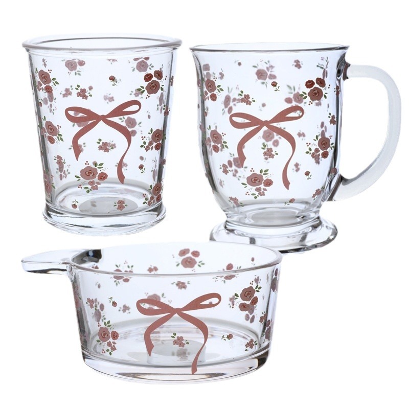 Original French rose glass cup, bow floral cold brew cup, couple milk cup, coffee breakfast cup with a girlish heart Item Picture