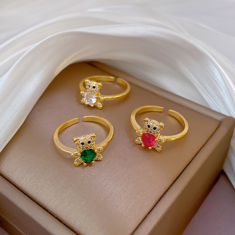 【 Real Gold 】 Diamond-encrusted bear open-mouth ring for Women, Japanese and Korean niche simple design index finger ring, Internet celebrity details Picture