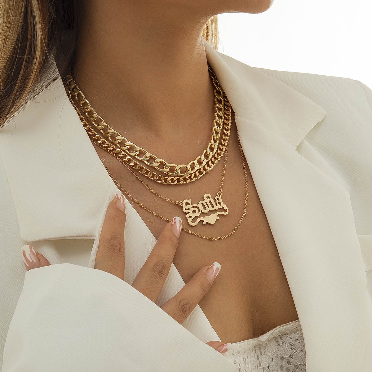 European and American cross-border jewelry: Simple tassel multi-layer hollowed-out chain necklace, geometric letter retro metal necklace Specification drawing
