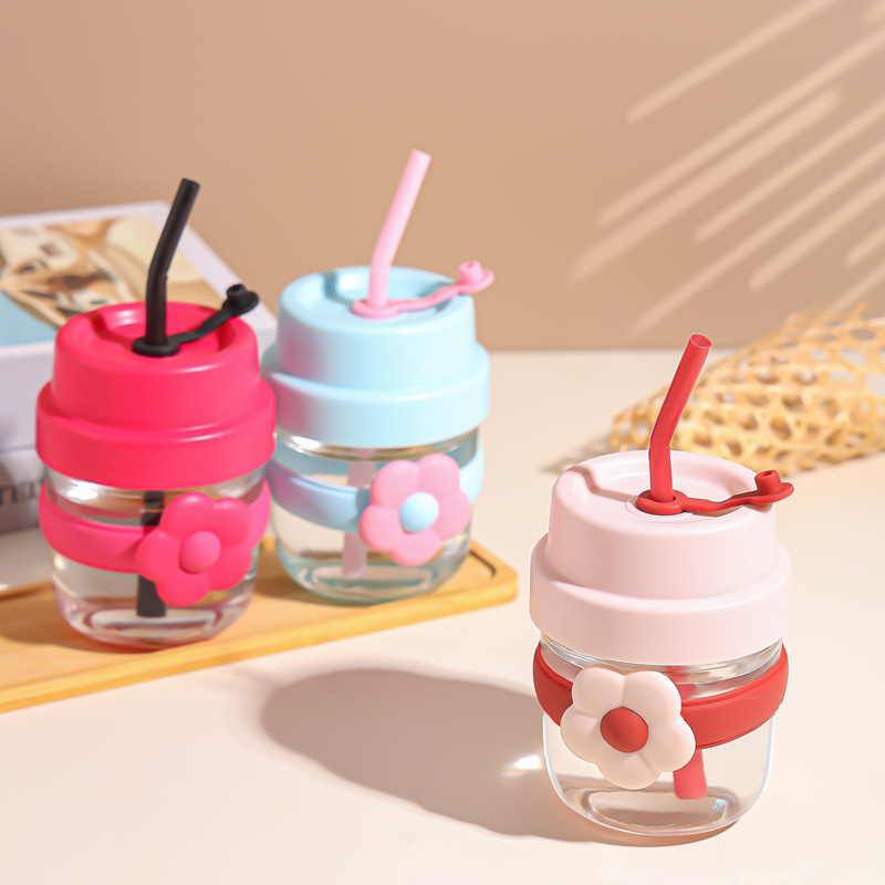 High appearance level glass cups, creative flowers, small flowers, straw water cups, cute and portable water cups for students, wholesale details Picture