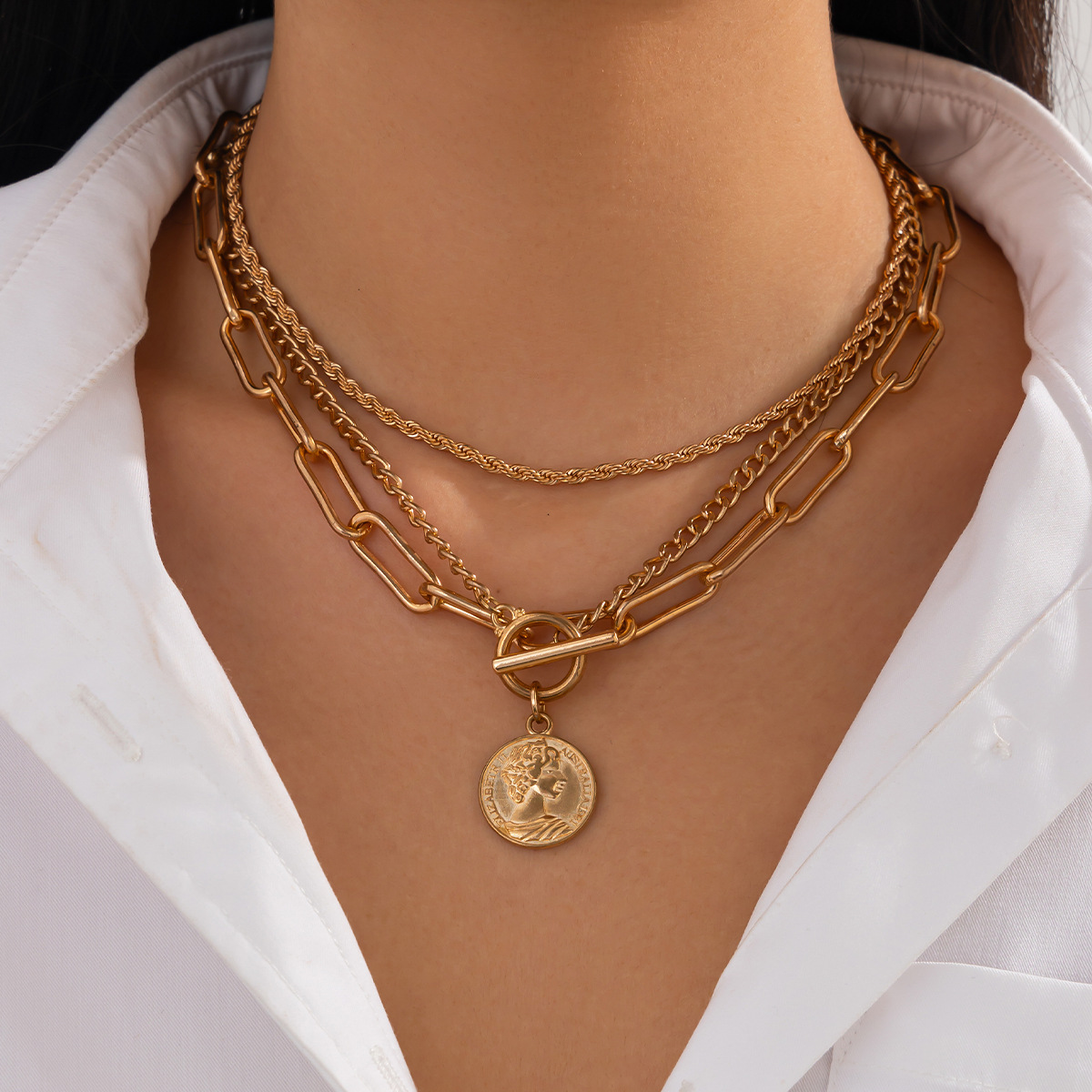 European and American cross-border jewelry, Instagram portrait pendant, metallic feel necklace, irregular personality, necklace multiple layers full figure