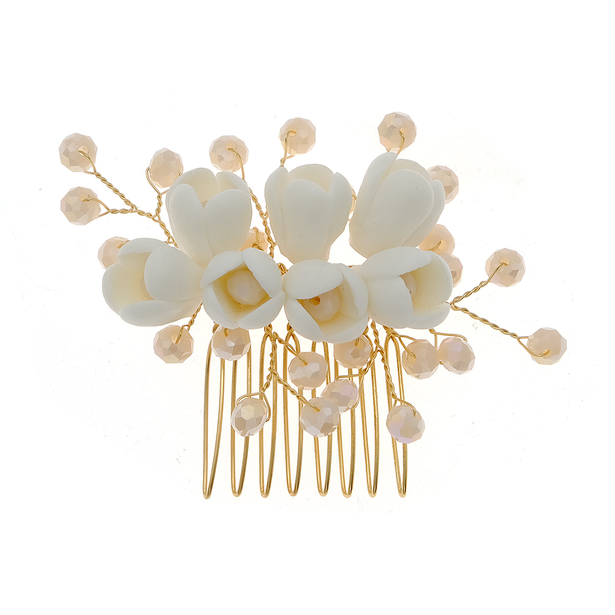 New Chinese-style Xiuhe ancient-style hair accessories, beautiful forest-themed flower hand-arranged combs, bride's updo, ceramic flower pearl hair combs Item Picture