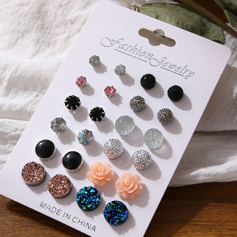 New cross-border ear stud set accessories: Rose crystal ball earrings, heart-shaped personalized ear stud set, 12 pairs set Specification drawing