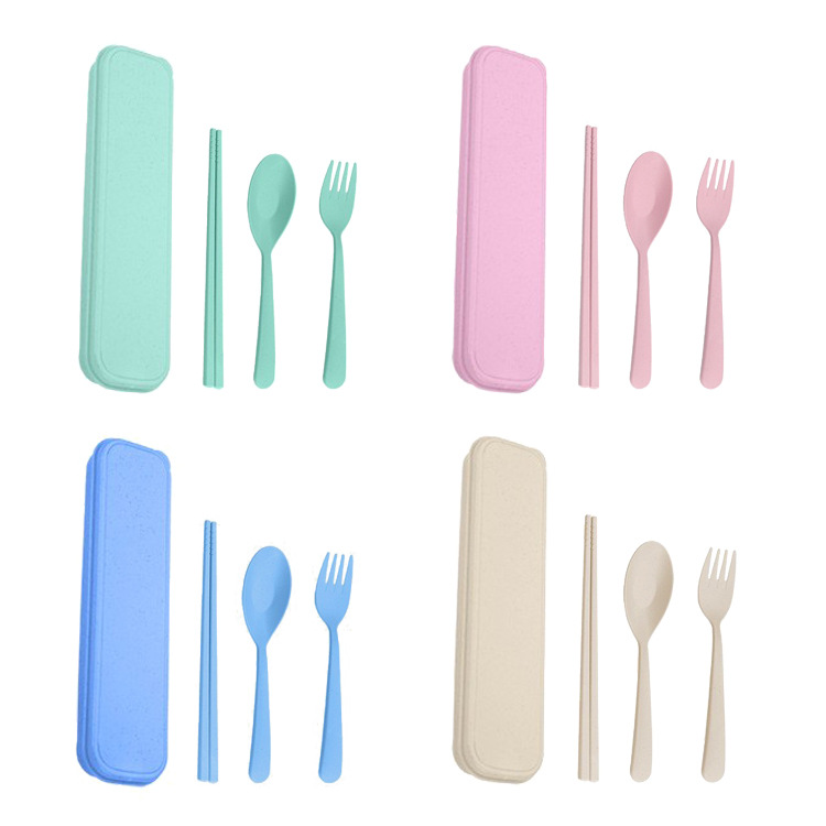 Three-piece set of cross-border Amazon wheat straw spoons, chopsticks and forks for students, portable tableware gifts Item Picture