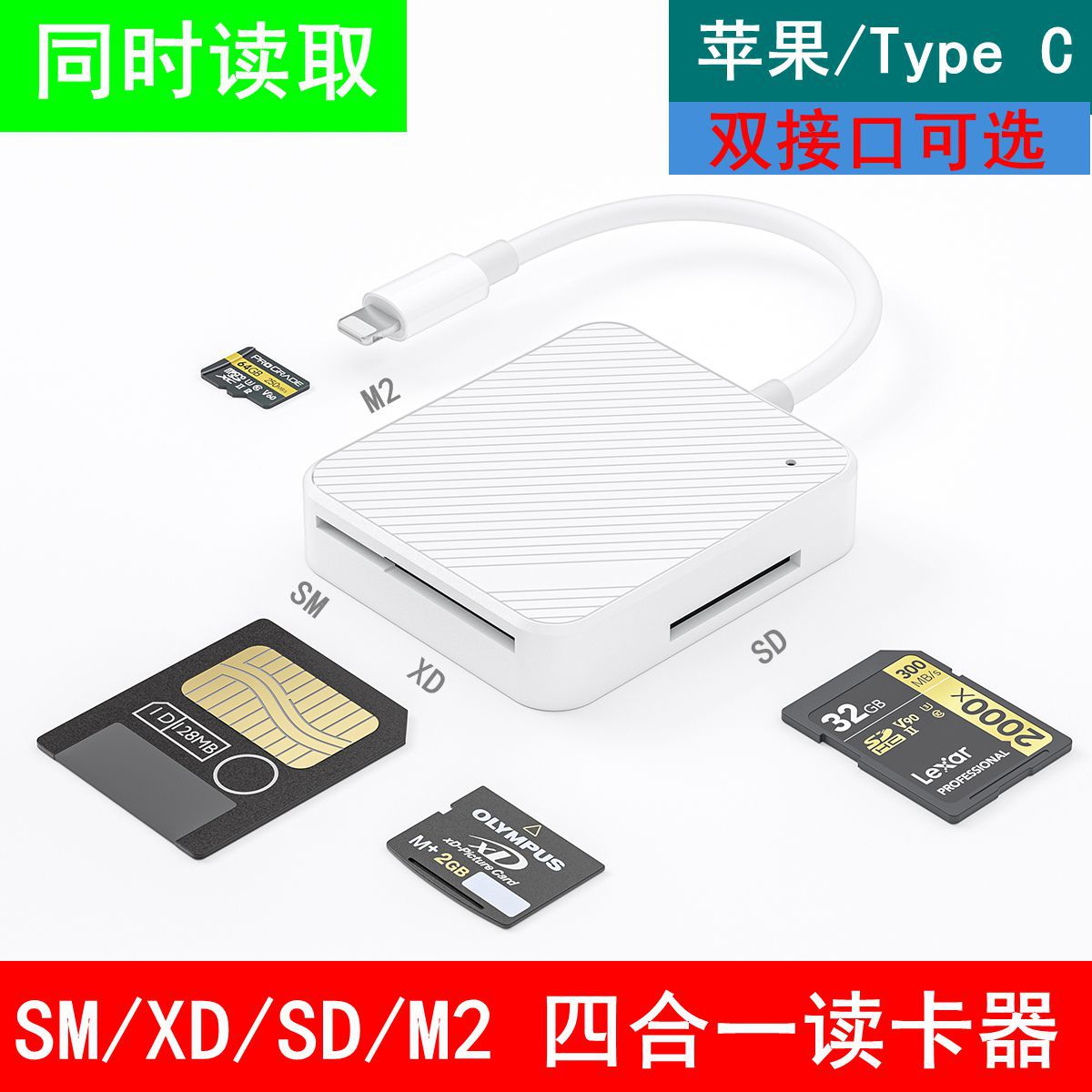 Four-in-one card reader external SM SD XD M2 multi-in-one camera memory card is suitable for Apple type c full figure