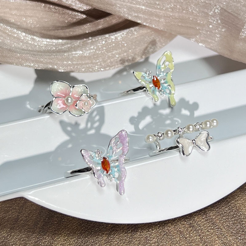Sweet and elegant, gradient glazed butterfly flower open ring, a unique and fashionable design for women, versatile ring Specification drawing