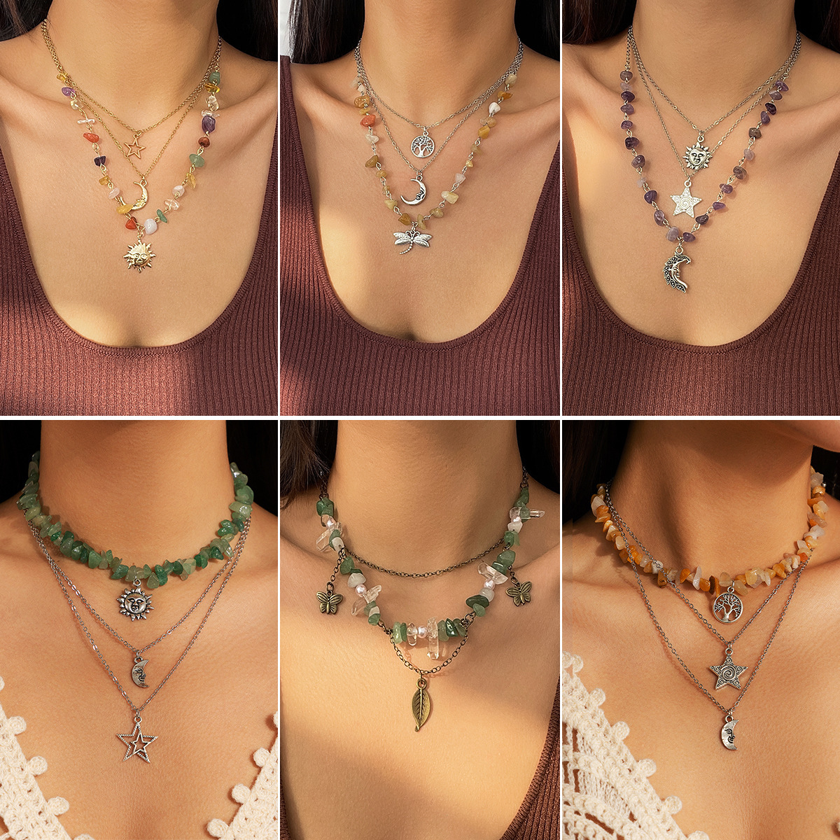 New Chinese-style retro moon zircon necklace, mint wavy style, green leaf sweet and cool layered necklace, cross-border accessories from Europe and America full figure