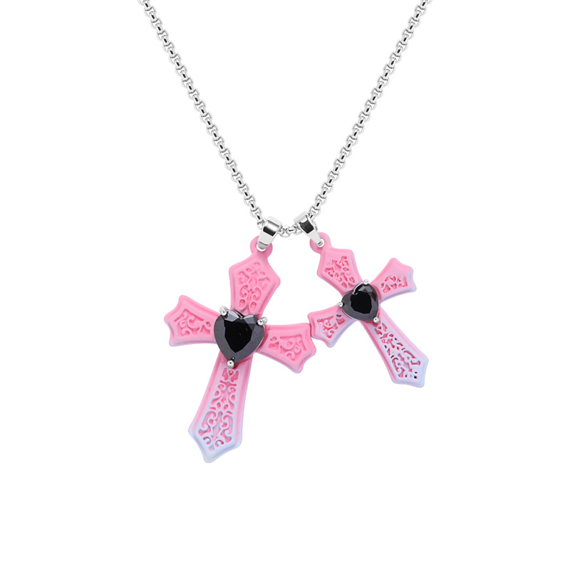 Cross-border pink and blue cross necklace, women's retro hip-hop European and American style pendant, fashionable and versatile long necklace wholesale Item Picture