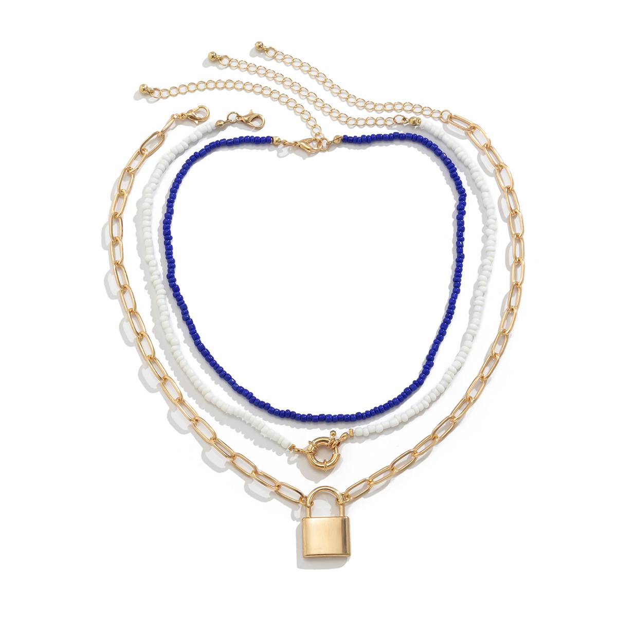 Simple and retro lock-shaped set, tassel necklace, women's European and American cross-border accessories, punk beaded rice beads, geometric necklace Specification drawing
