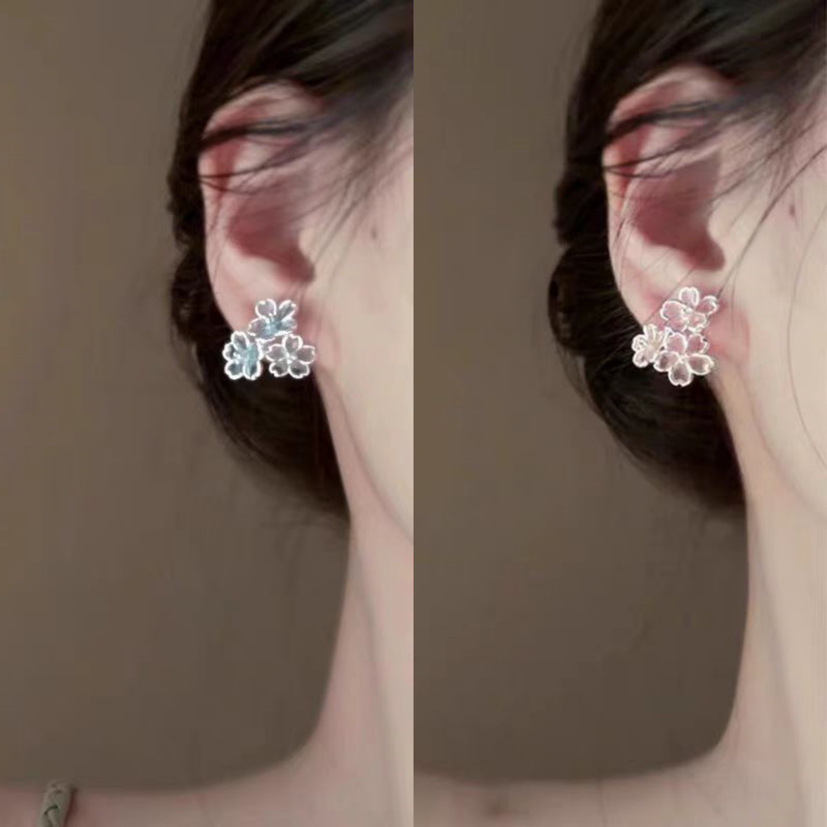 Icelandic flowers - Light and transparent blue and pink earrings, feminine charm, niche design sense, flower stud earrings, exquisite and high-end earrings Specification drawing