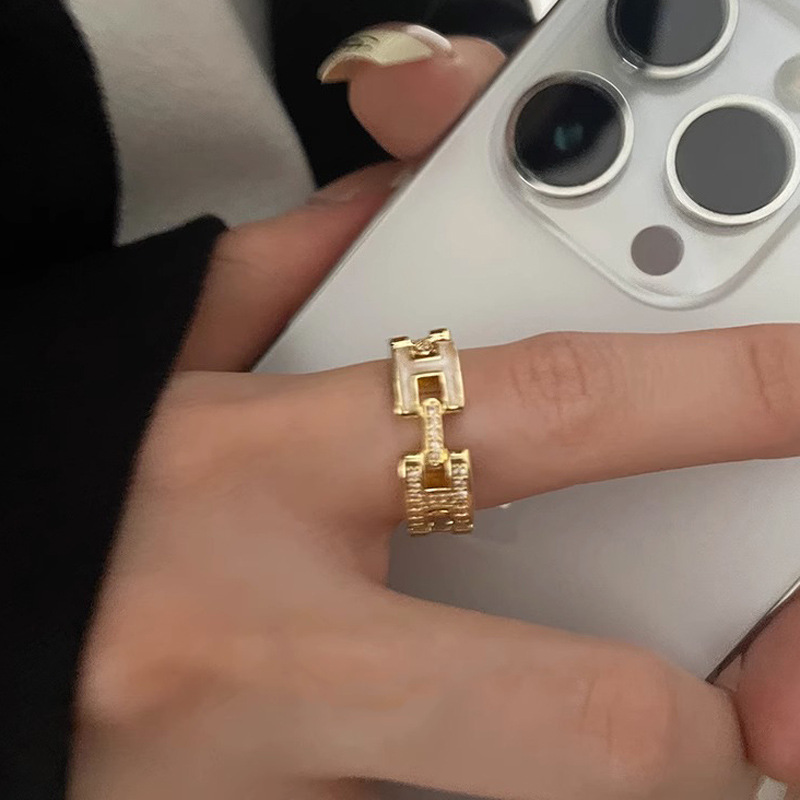 H-letter zircon drip glaze open ring, a women's light luxury and high-end internet-famous index finger ring, simple and versatile, elegant ring details Picture