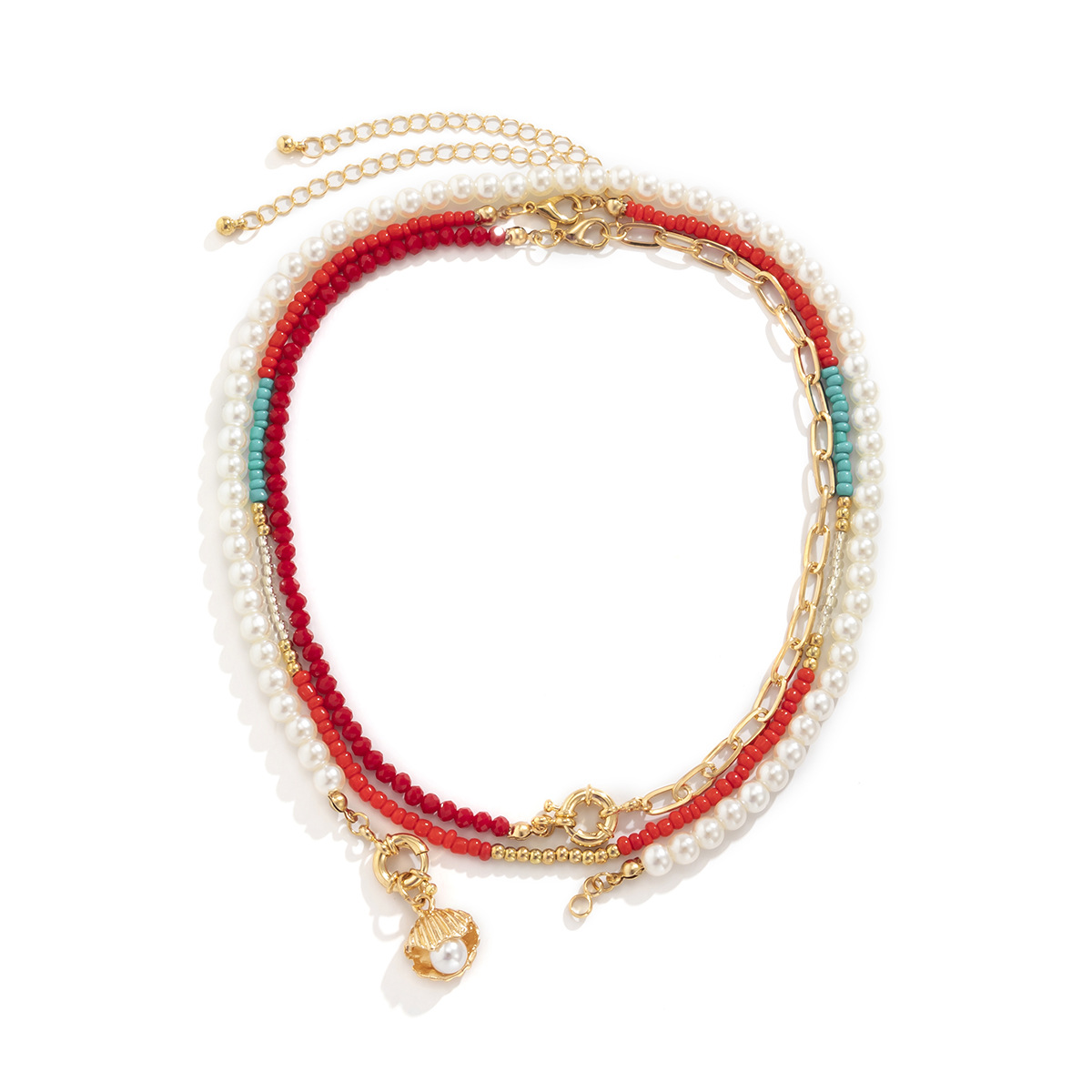 European and American cross-border jewelry, niche retro patchwork hand-woven necklace, versatile for women, shell imitation pearl pendant necklace Item Picture