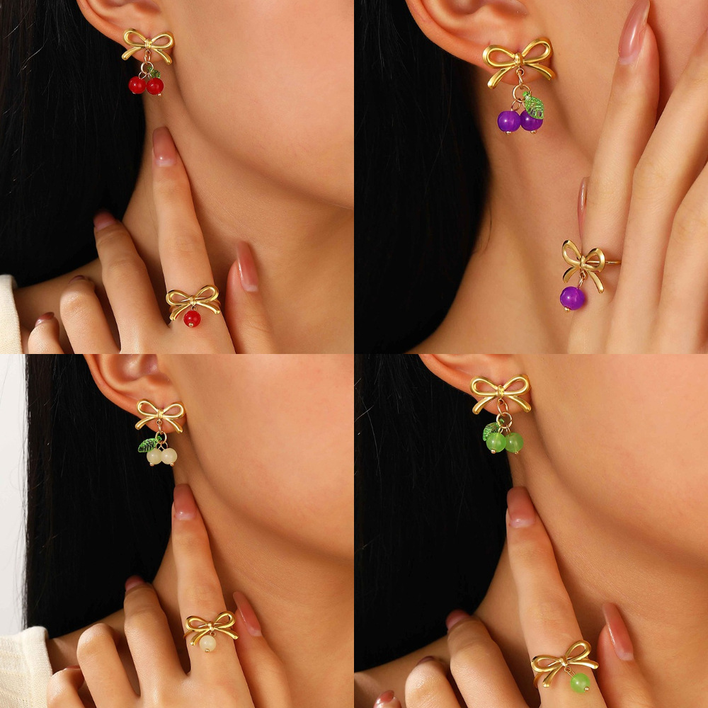 European and American ins bow cherry stud open ring, colorful round bead earrings, stainless steel country style jewelry full figure
