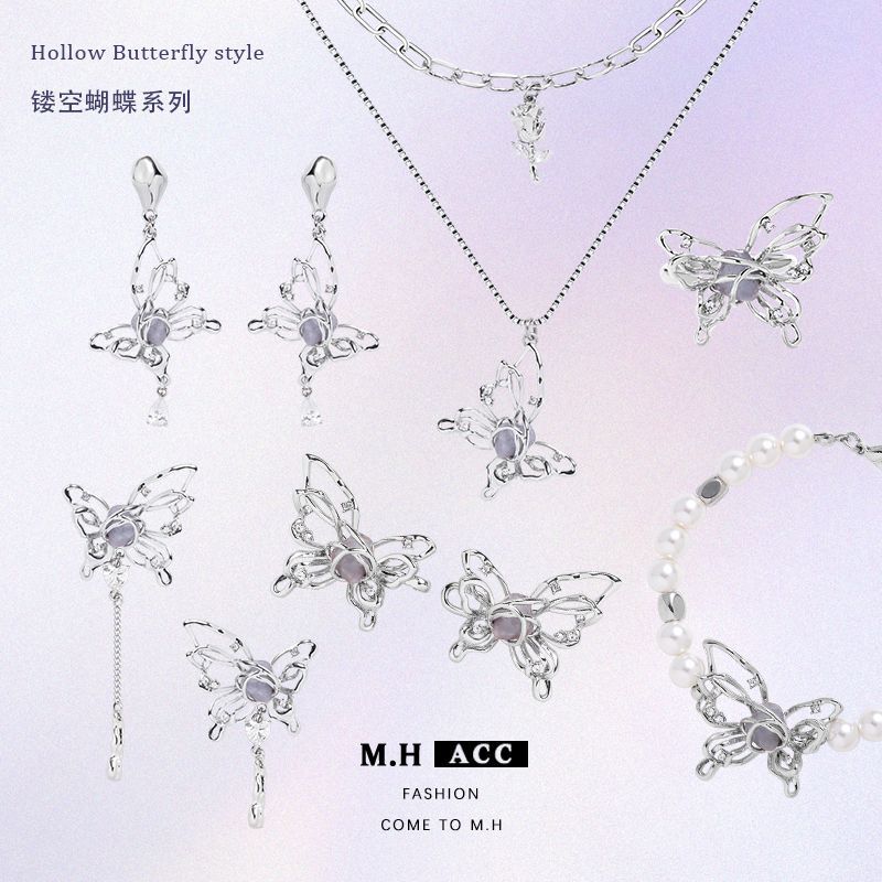 Silver needle hollowed-out butterfly 925 earrings, high-end Korean-style fashionable, sweet and cool, InS-style earrings, elegant and fresh earrings full figure