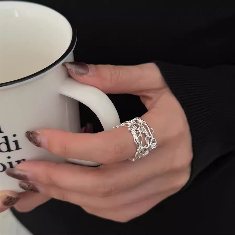 Irregular-woven mesh hollowed-out line ring for women, 925 sterling silver, with a unique ins style, light luxury and niche high-end ring Specification drawing