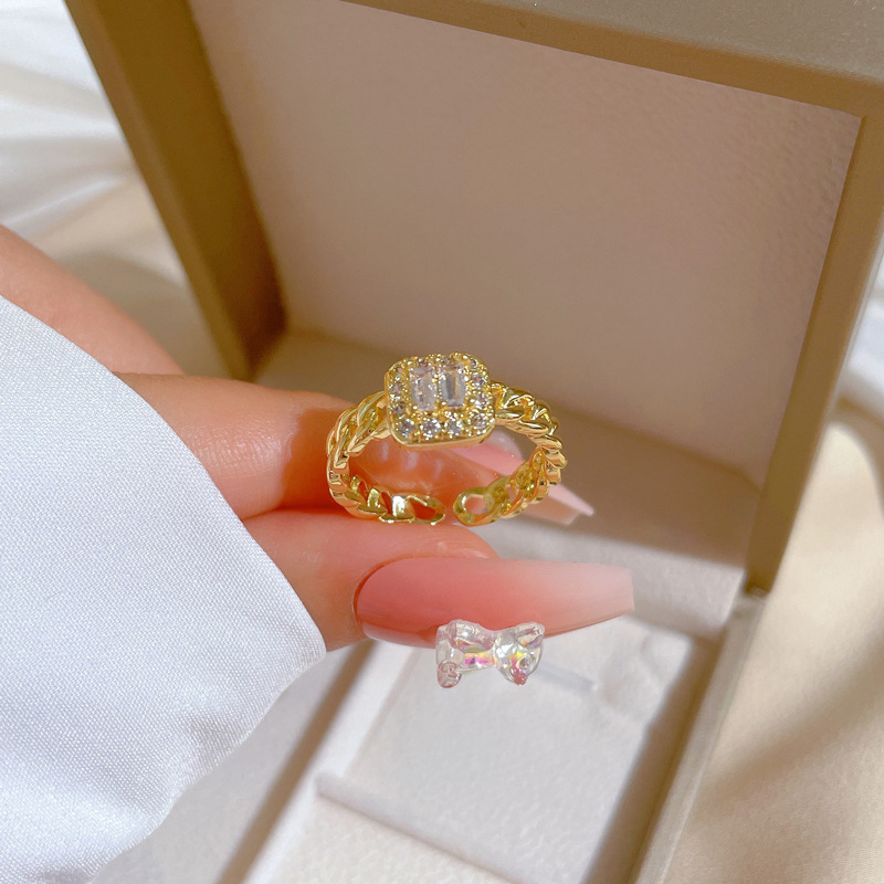 【 Real gold electroplating 】 Open square women's fashion slightly inlaid light luxury ring index finger ring, the same style as Internet celebrities, cold style details Picture