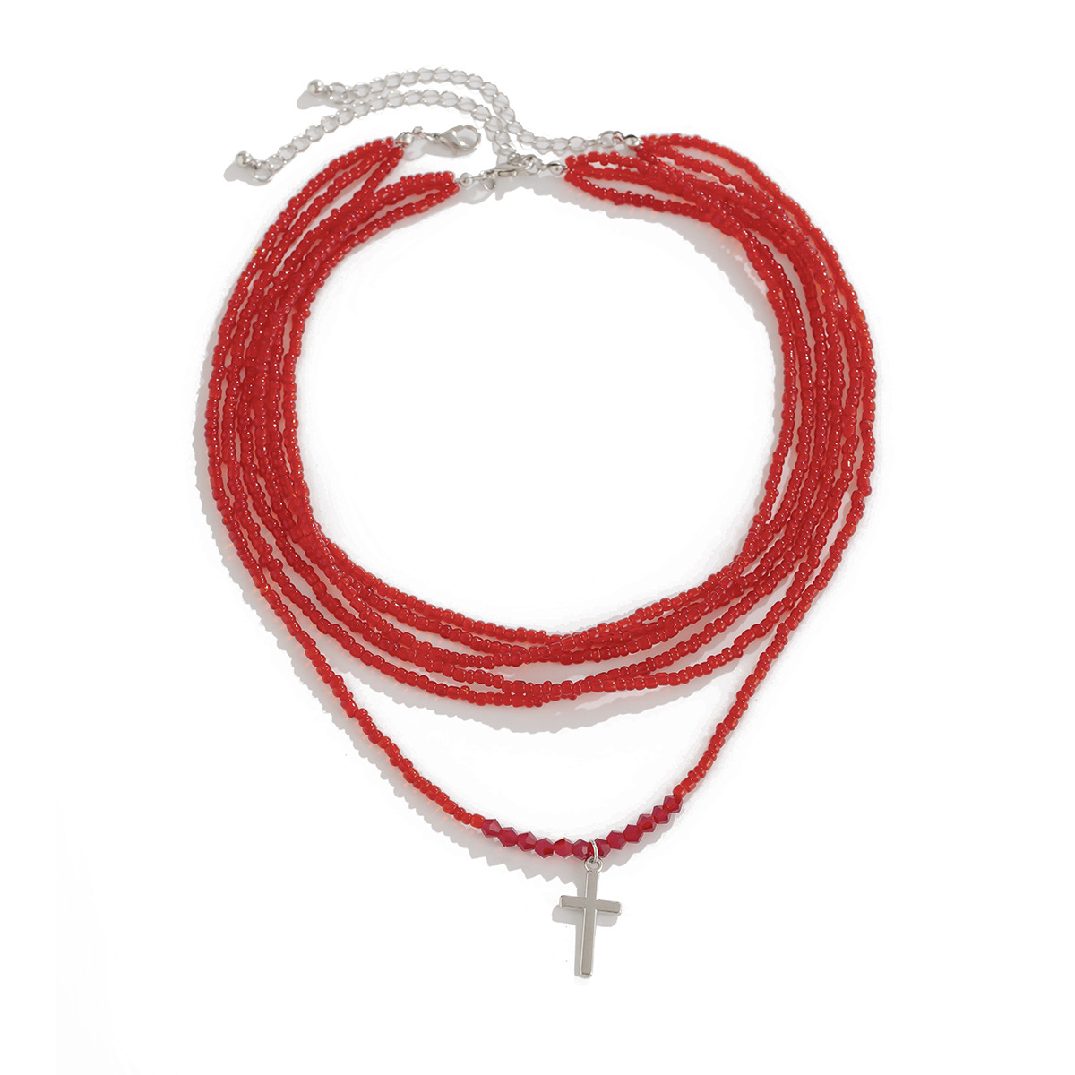 European and American cross-border jewelry fashion 2-piece set, rice bead collarbone chain, high-end red multi-layer one-piece necklace for women Item Picture