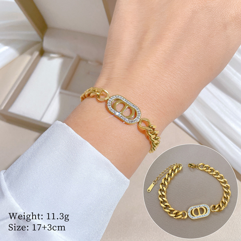 【 All-titanium Steel 】 Dongdaemun Minimalist style CD Full Diamond chain bracelet Female Internet celebrity retro best friend full figure
