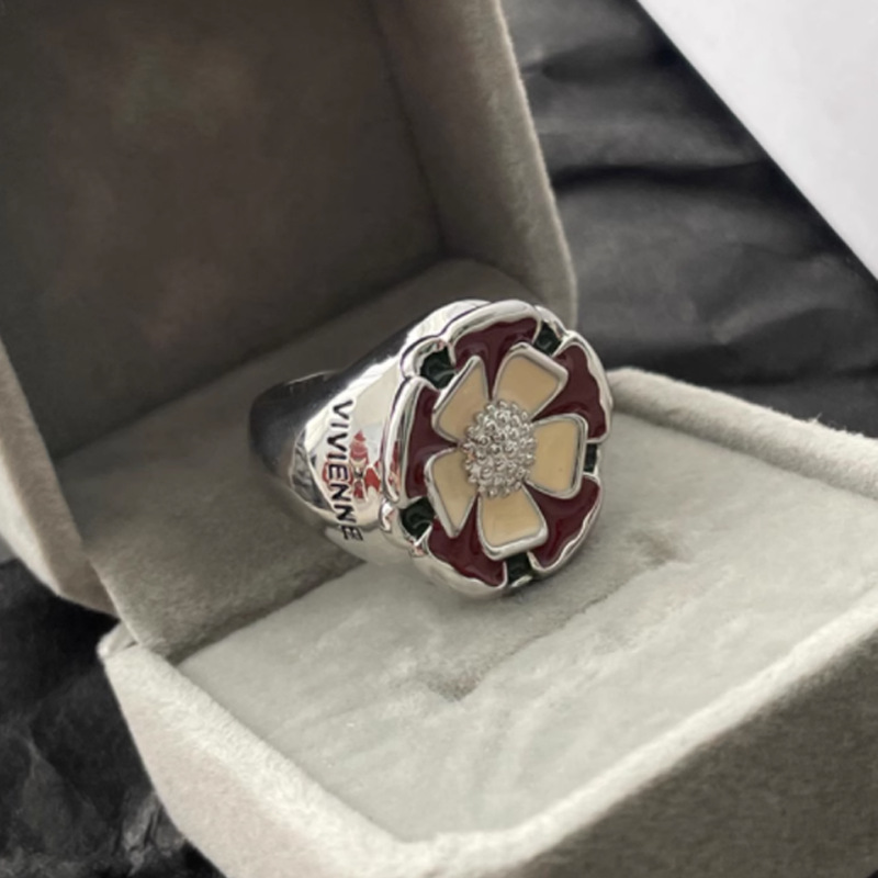A niche sweet and cool three-dimensional flower opening ring for women, a retro European and American drip glaze Western-style empress Dowice-style personalized index finger ring, trendy Specification drawing